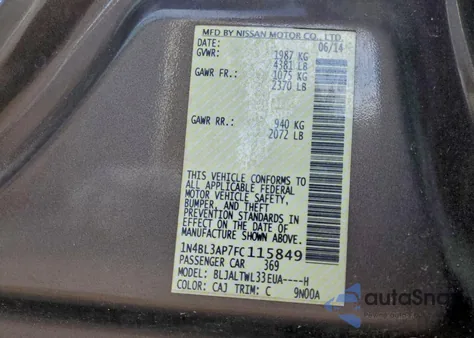 2015 Nissan Altima 3.5S z USA, uszkodzony, nr VIN 1N4BL3AP7FC115849